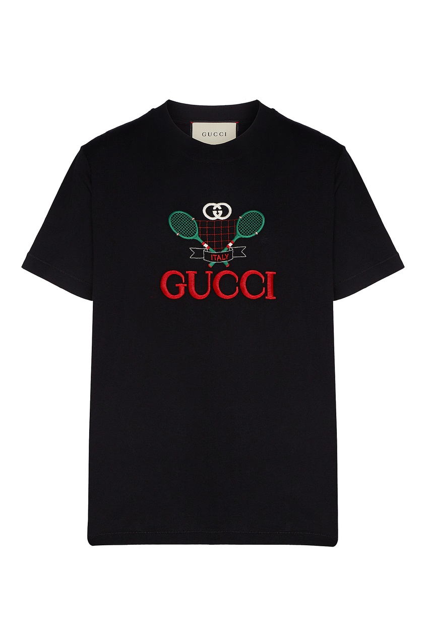 фото Черная футболка с рисунком и логотипом gucci