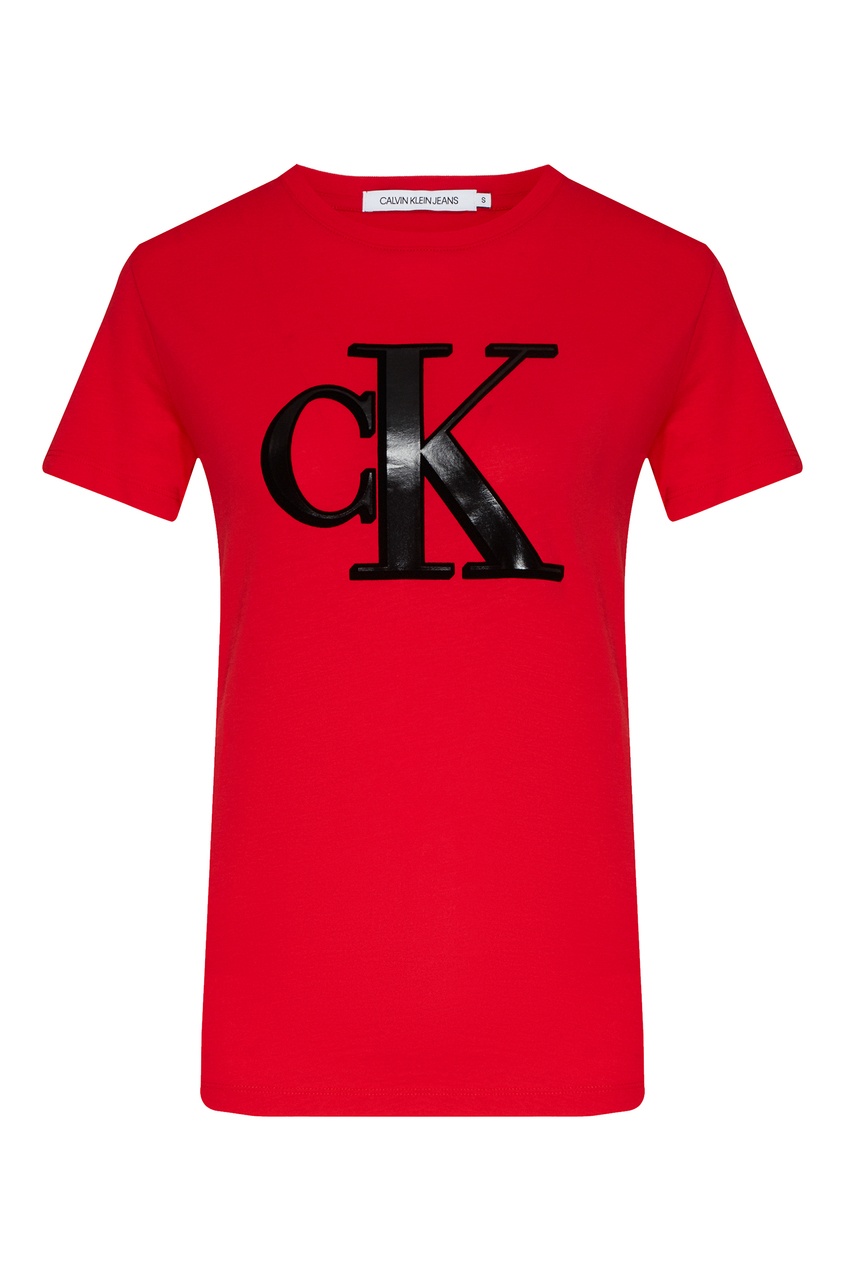 фото Красная футболка с крупным логотипом calvin klein