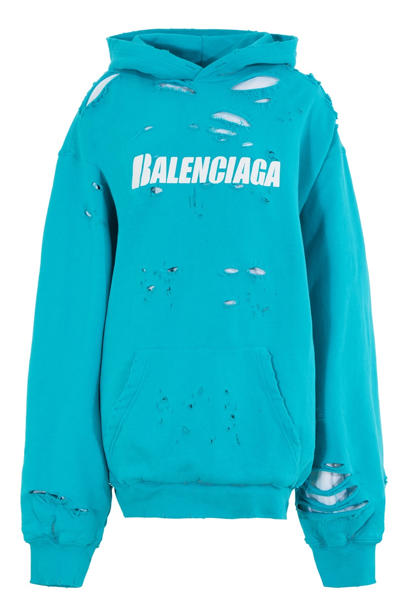 фото Голубое худи с логотипом и разрезами balenciaga