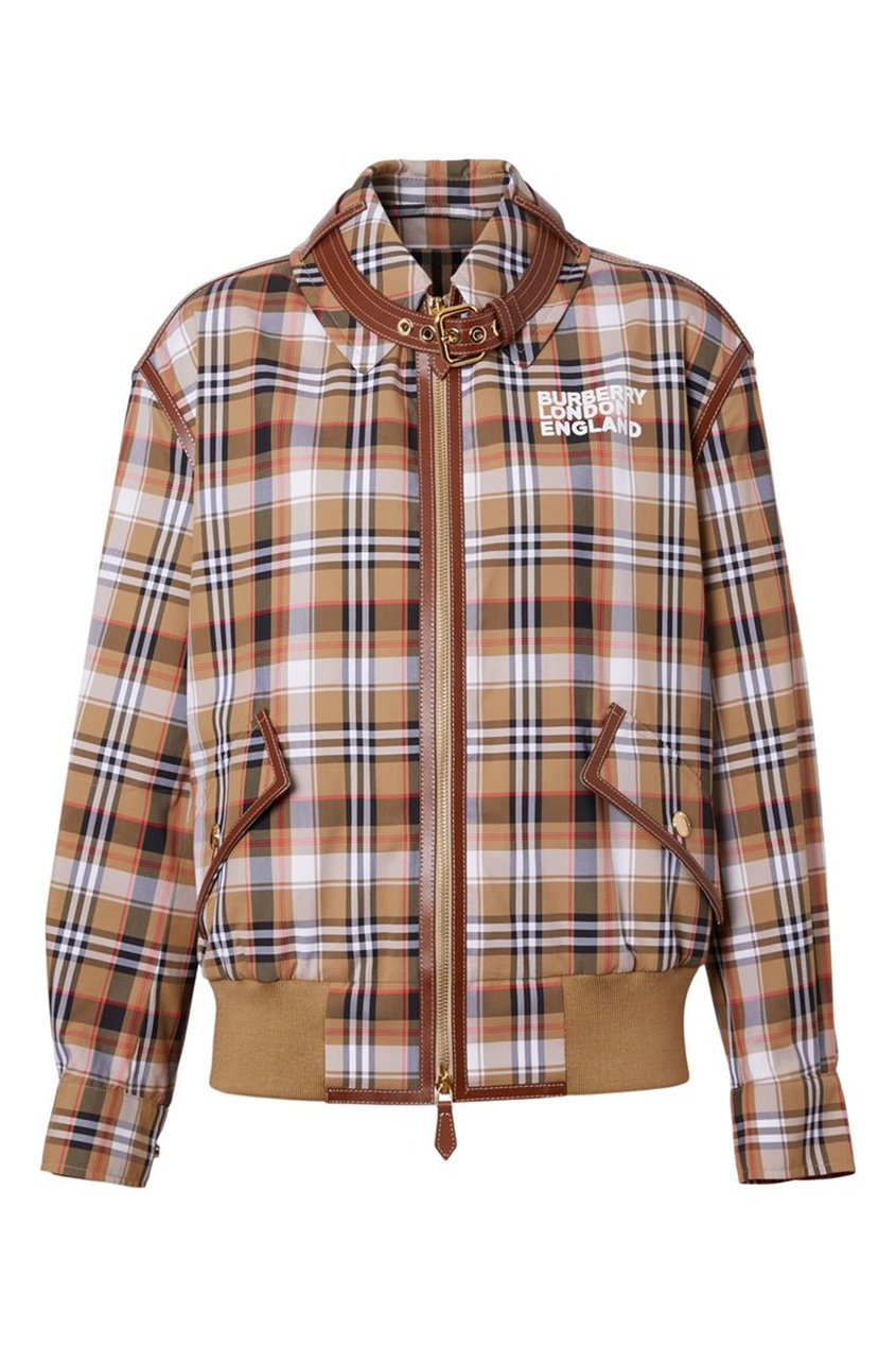 фото Бежевая куртка в клетку с отделкой из кожи burberry