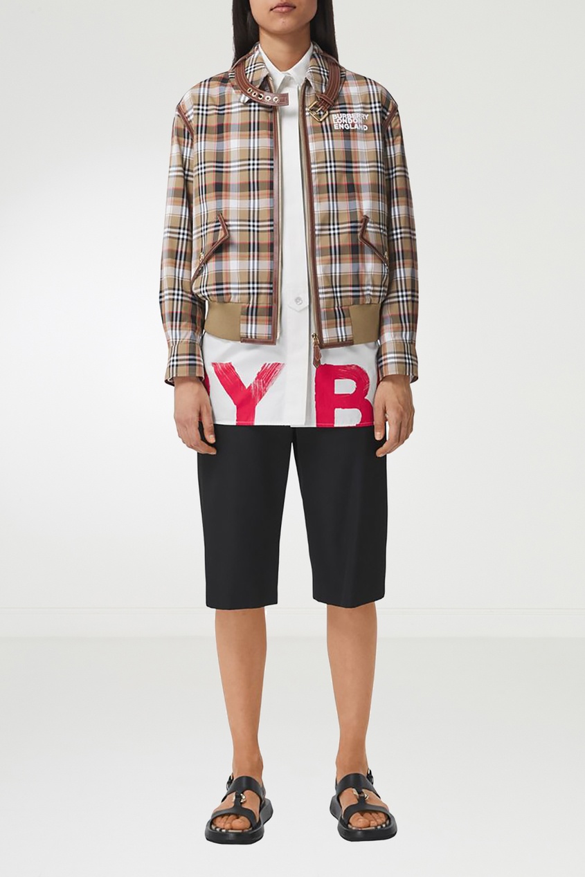 фото Бежевая куртка в клетку с отделкой из кожи burberry