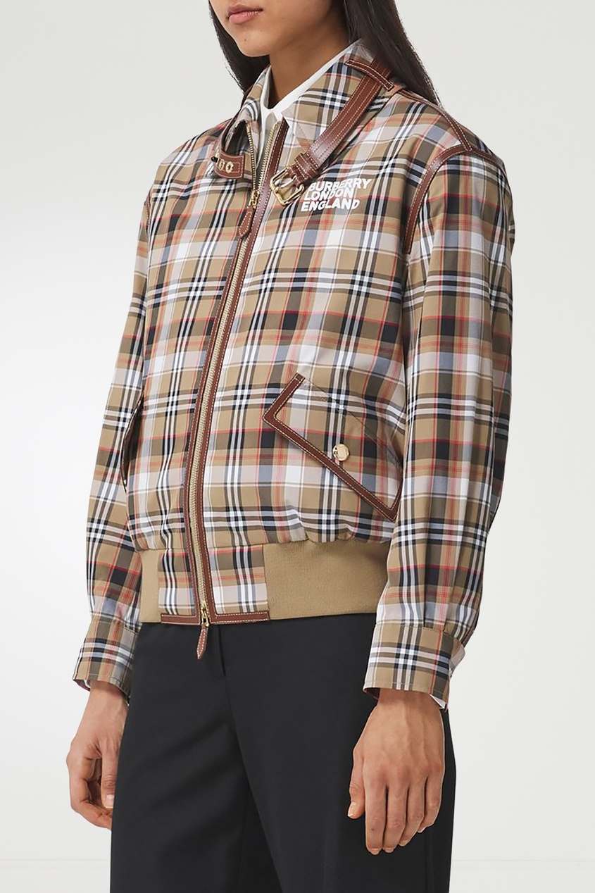 фото Бежевая куртка в клетку с отделкой из кожи burberry