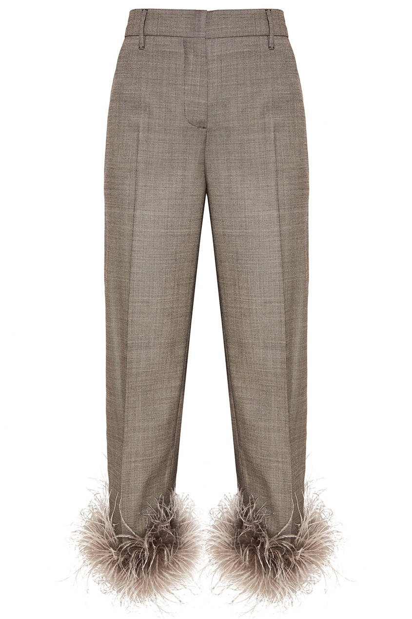 фото Серые шерстяные брюки с перьями prada