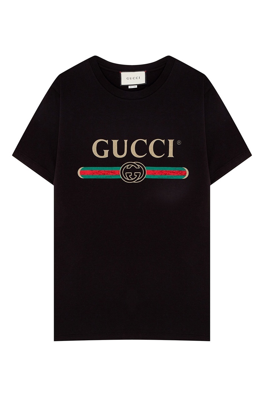 фото Черная футболка с золотистым логотипом Gucci man
