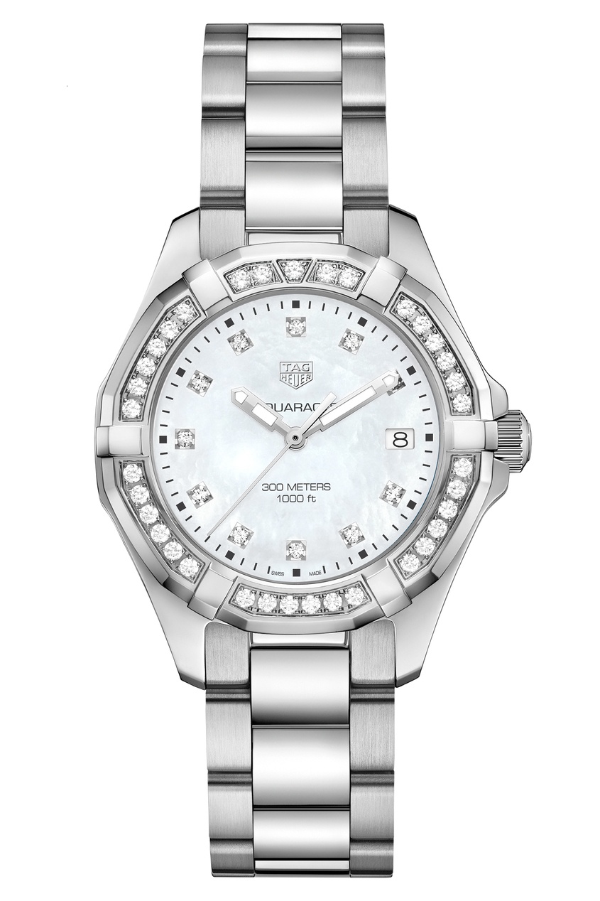 фото AQUARACER Кварцевые женские часы с белым перламутром и бриллиантами Tag heuer