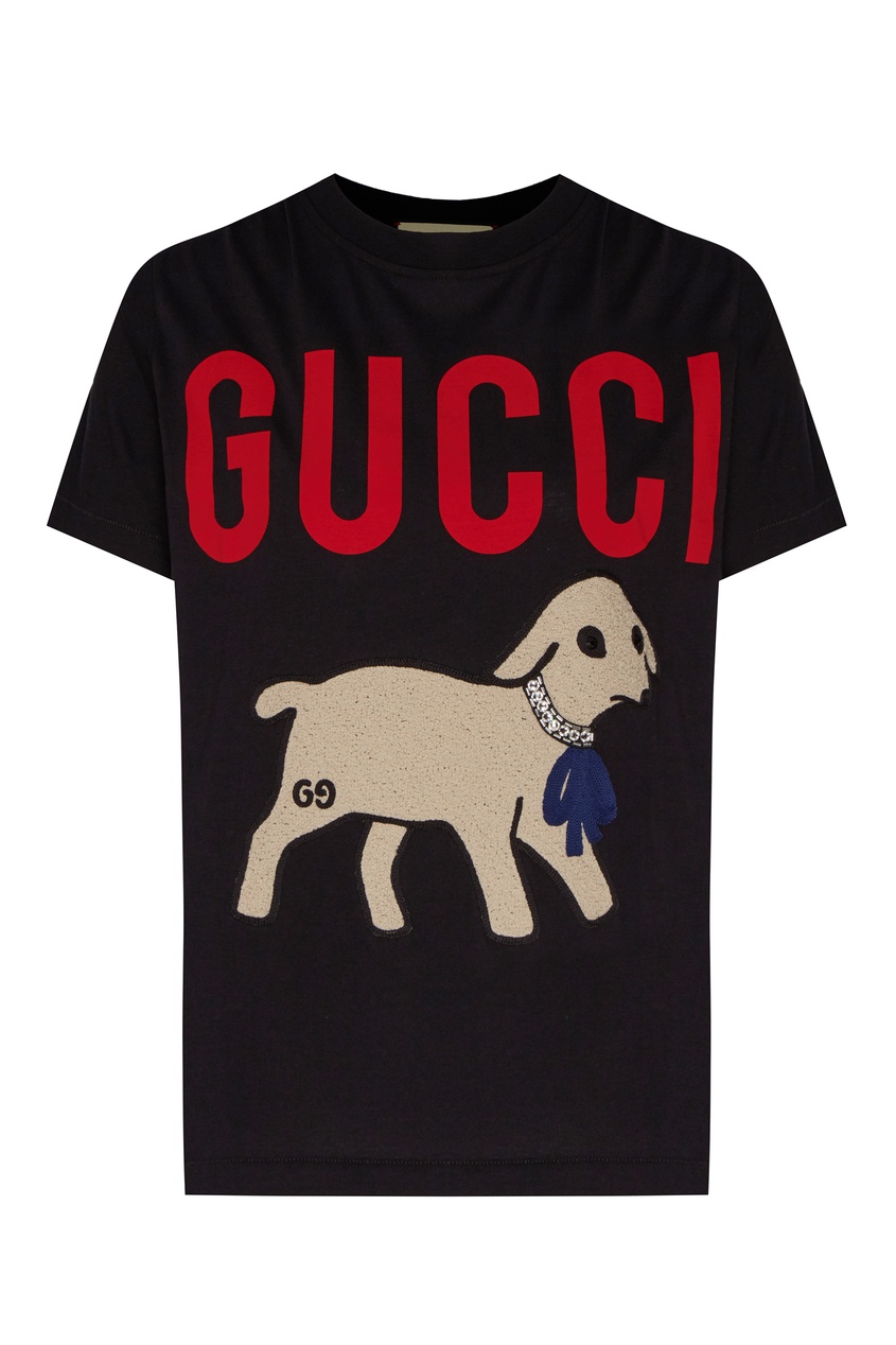 фото Черная футболка с логотипом и рисунком Gucci