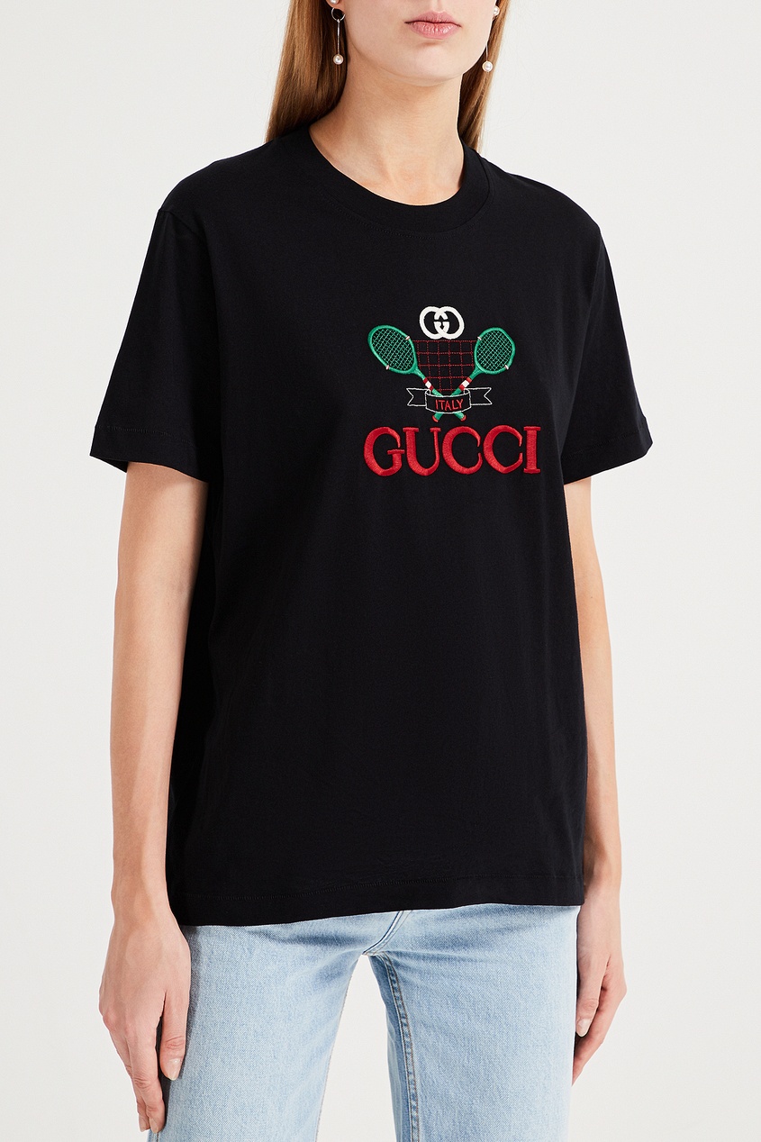 фото Черная футболка с рисунком и логотипом gucci