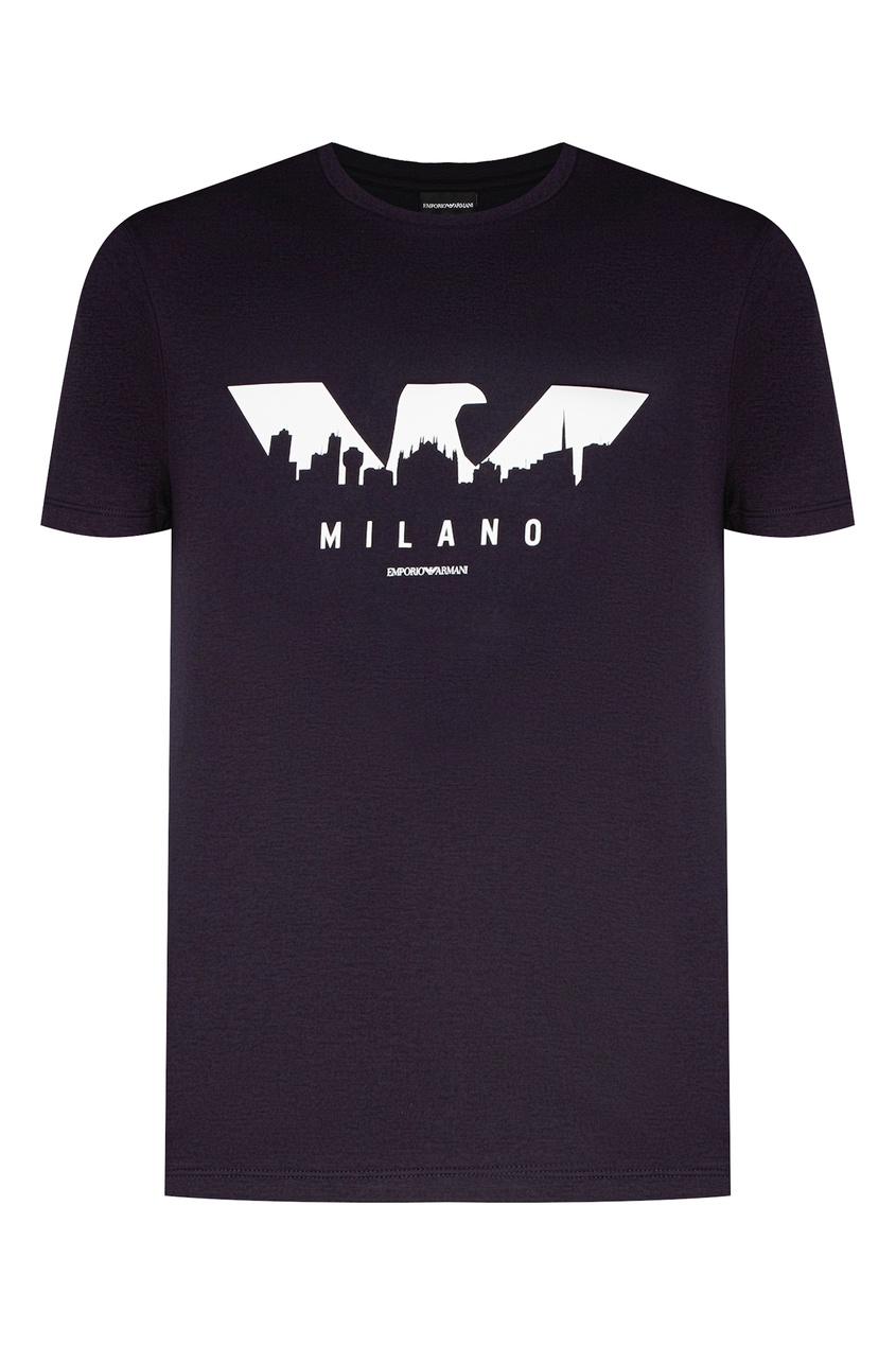 фото Темно-синяя футболка со стилизованным логотипом emporio armani