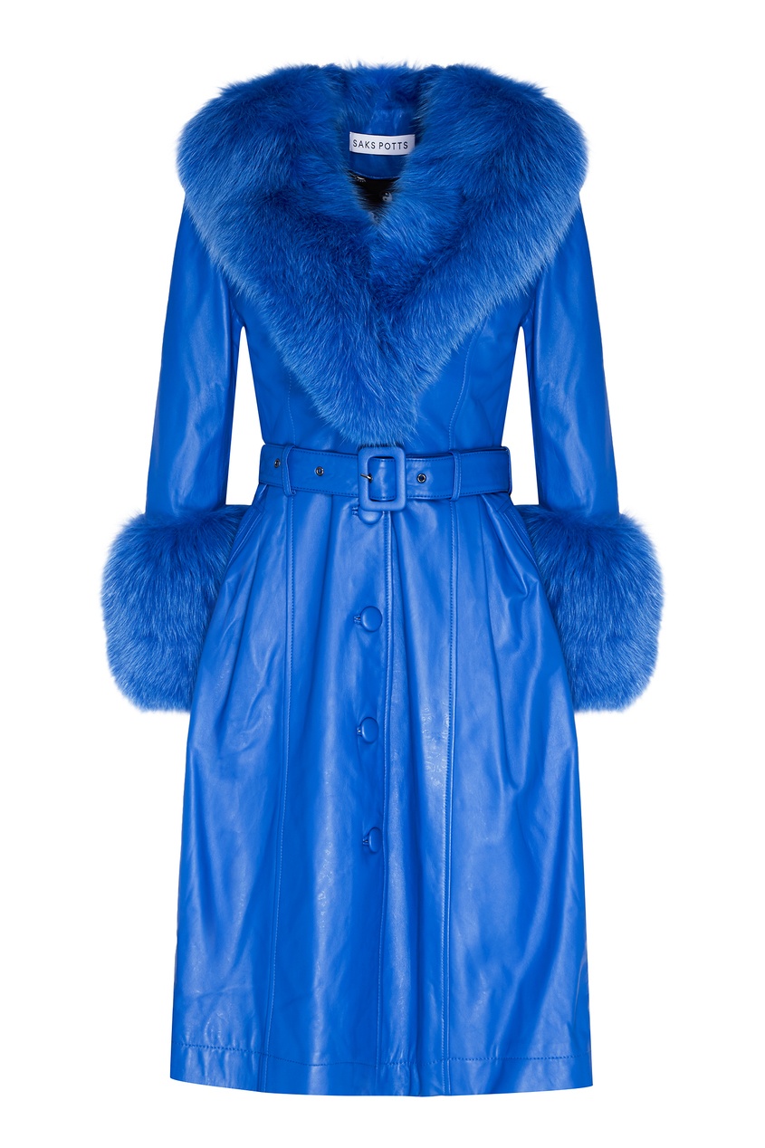 фото Синее кожаное пальто с лисьим мехом Saks potts