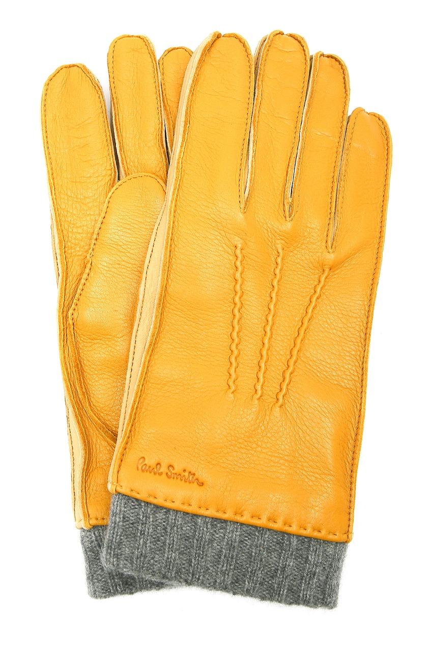 фото Охряные кожаные перчатки с отделкой Paul smith