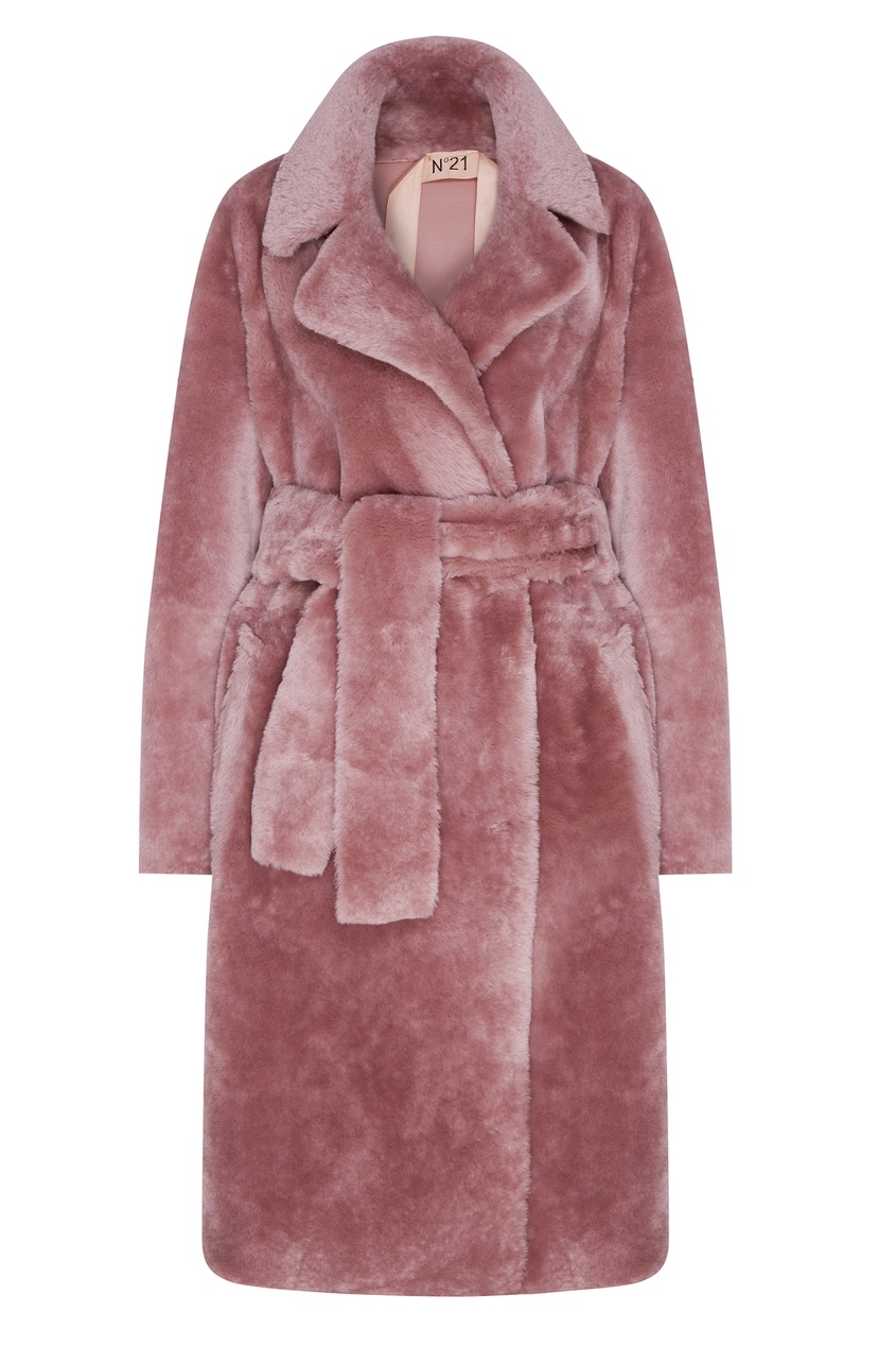 фото Розовое меховое пальто с поясом No.21