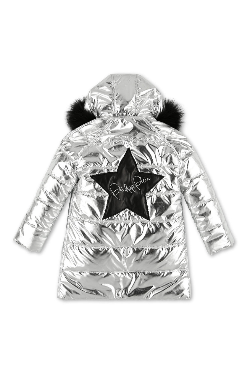 фото Серебристый пуховик с капюшоном Philipp plein kids