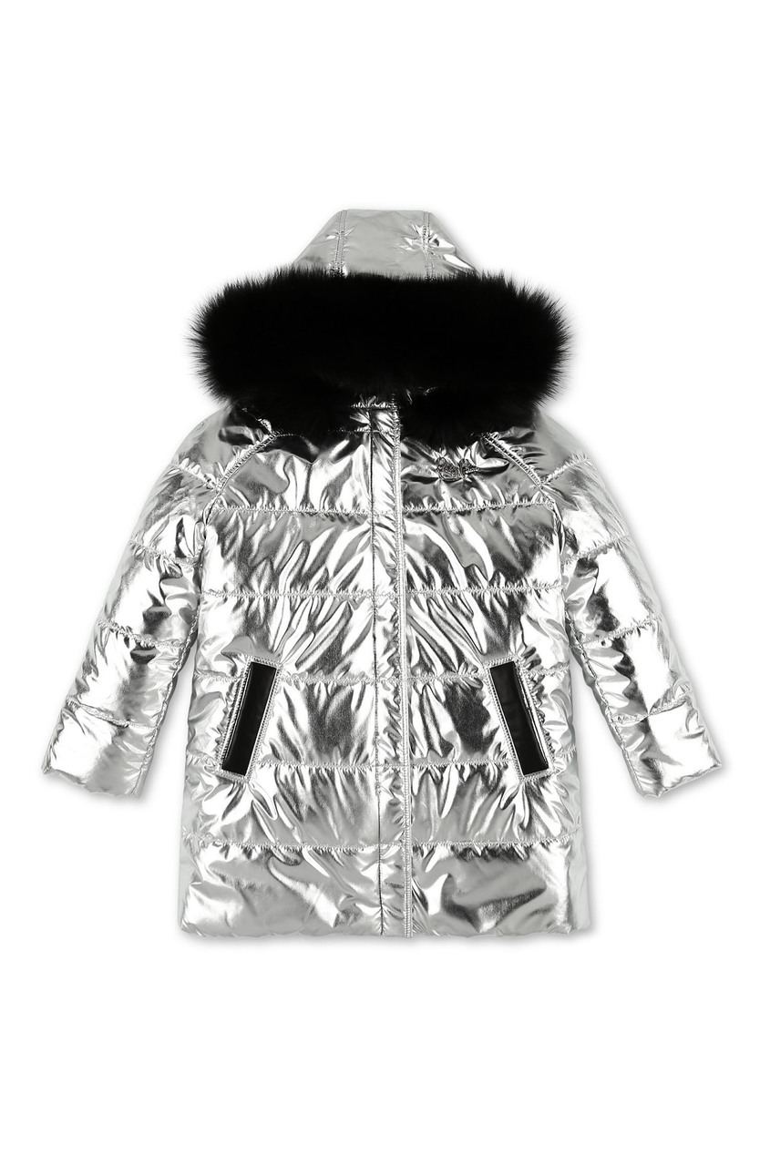 фото Серебристый пуховик с капюшоном Philipp plein kids