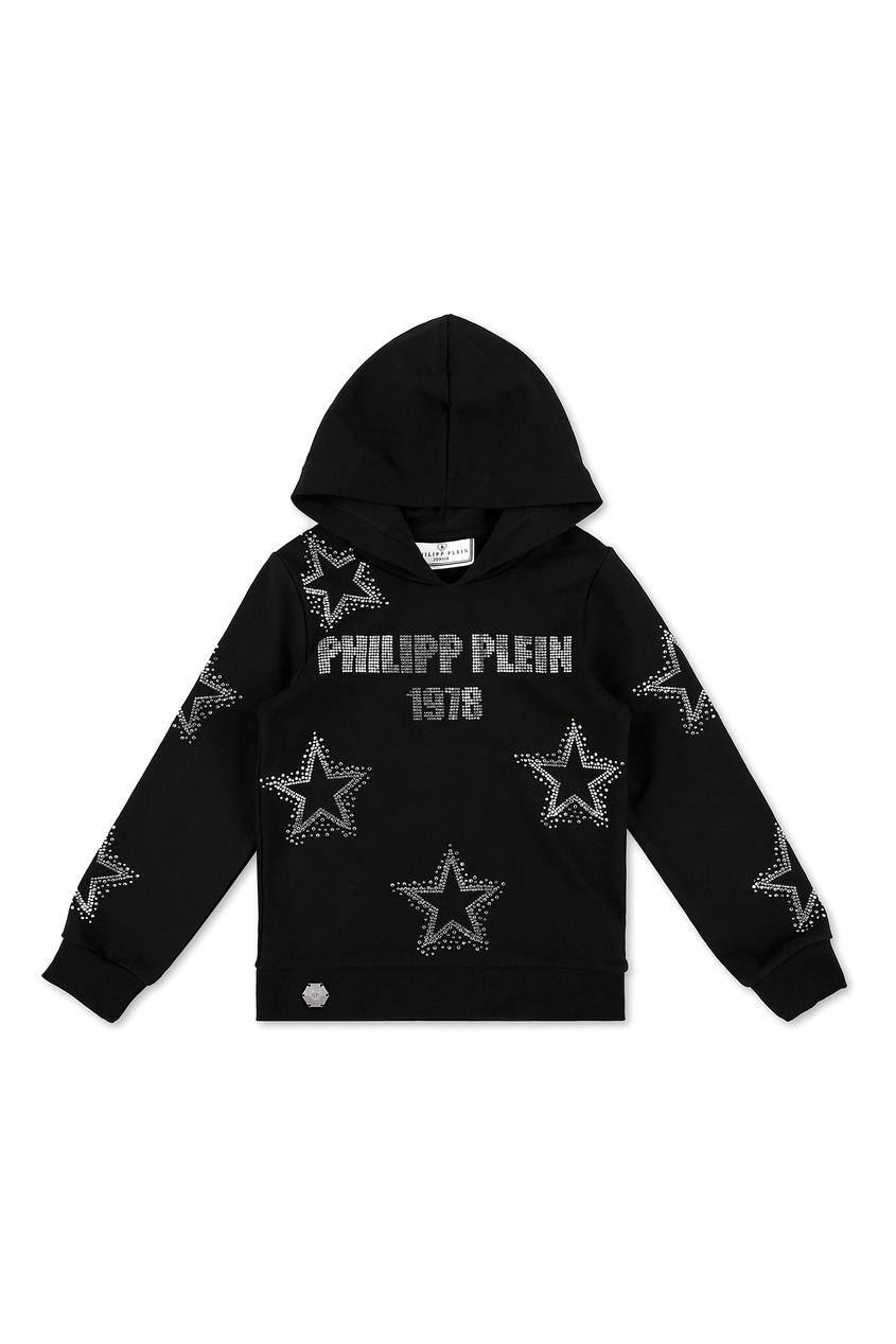 фото Черное худи с кристальными звездами Philipp plein kids