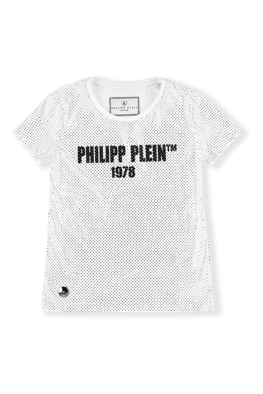 фото Белая трикотажная футболка с кристаллами philipp plein kids