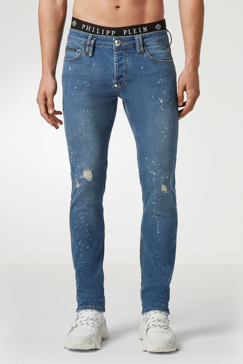 фото Голубые узкие джинсы с пятнами Philipp plein