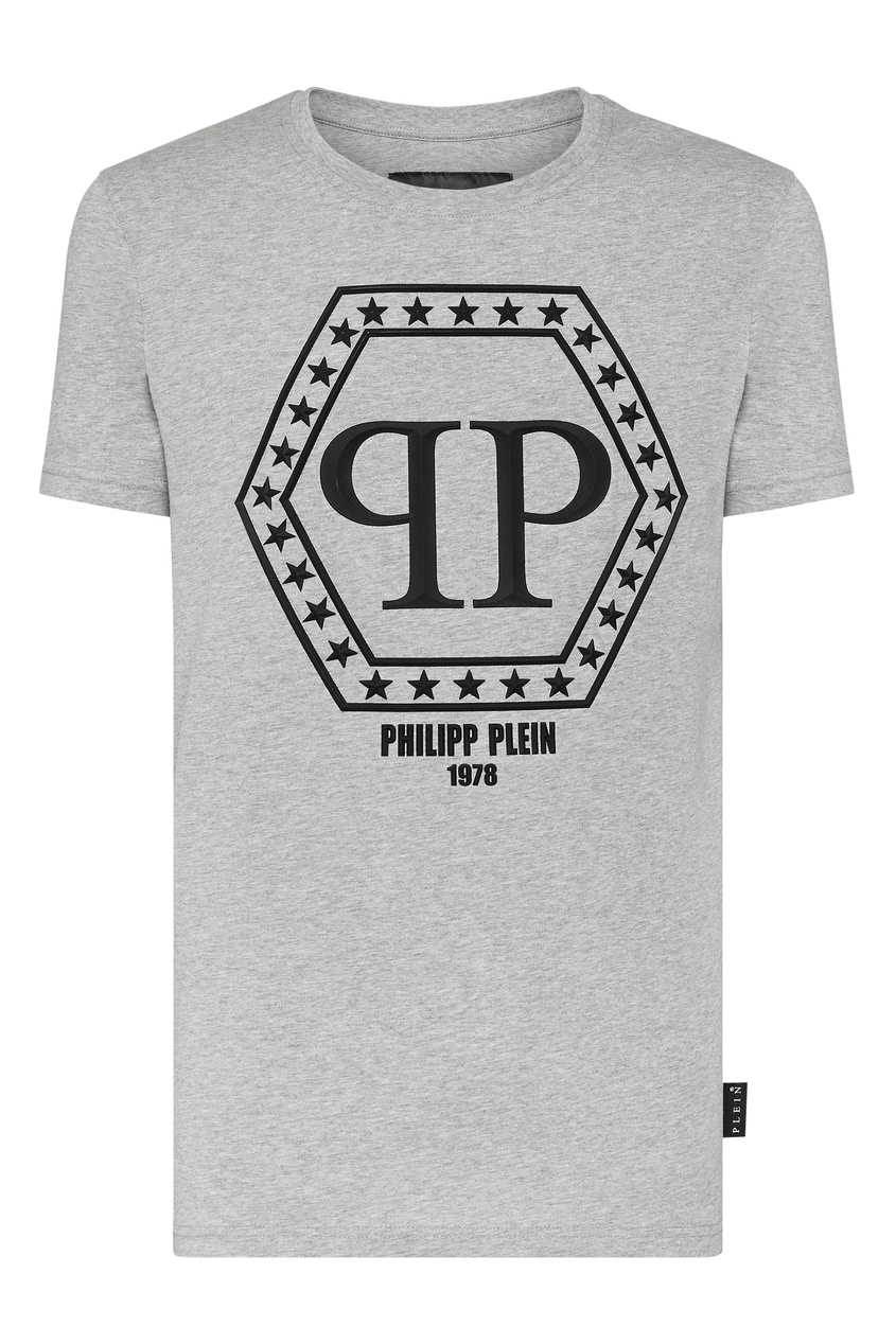 фото Серая футболка с черными логотипами philipp plein
