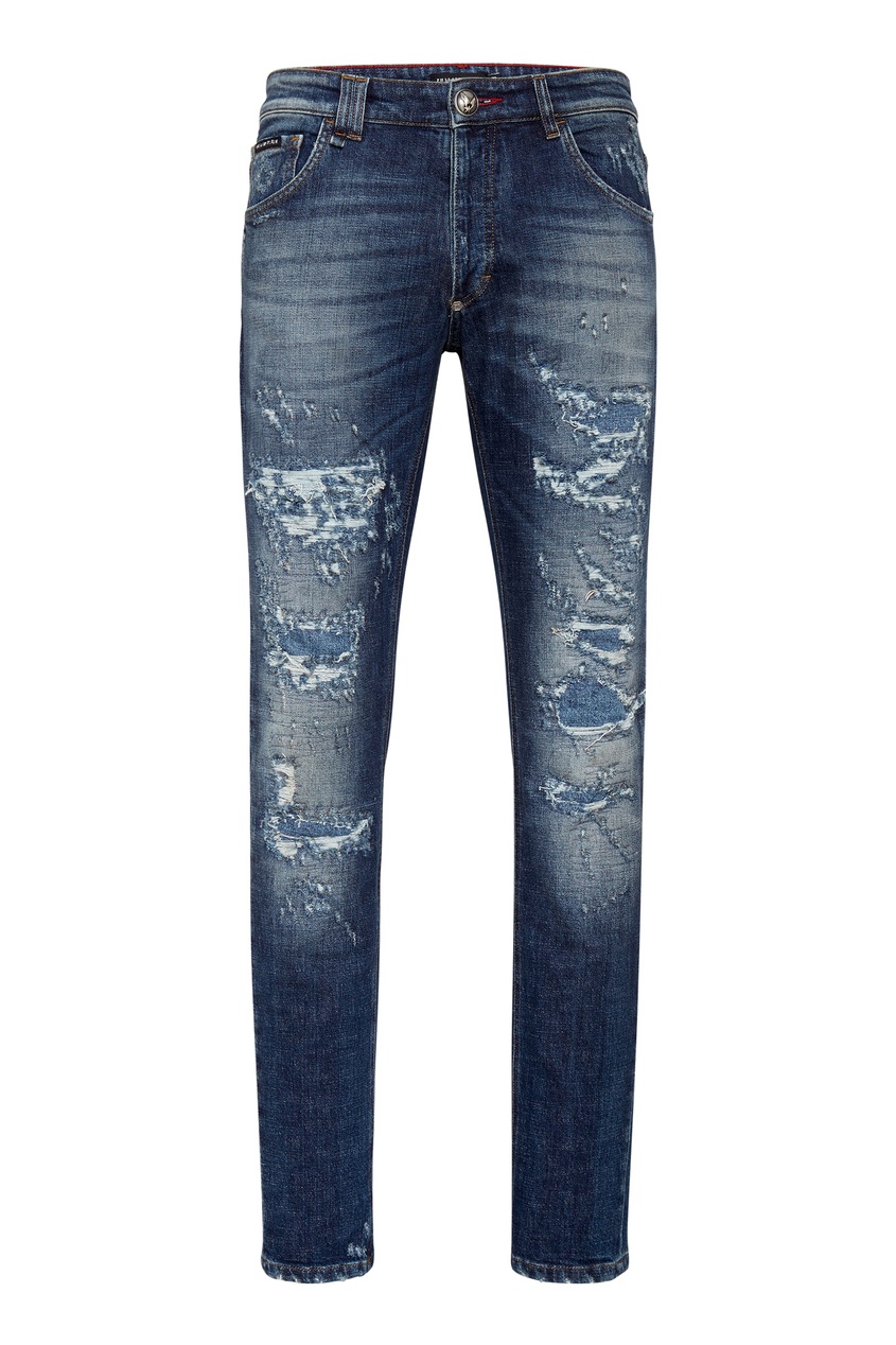 фото Синие джинсы с эффектом потертости Philipp plein