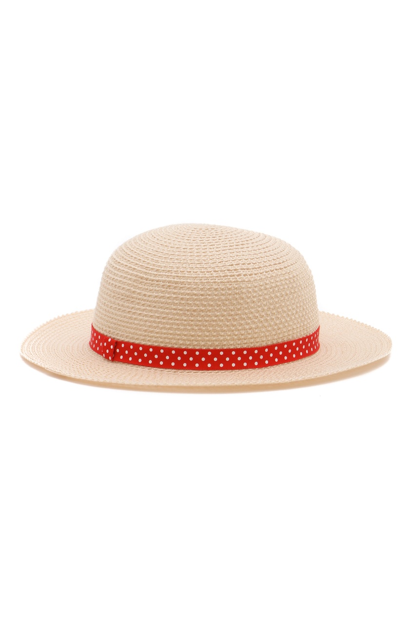 фото Бежевая шляпа с декоративной красной лентой Miki house