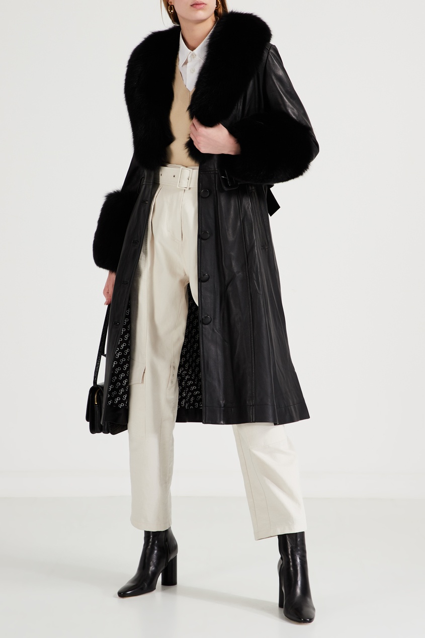 фото Черное кожаное пальто с лисьим мехом saks potts