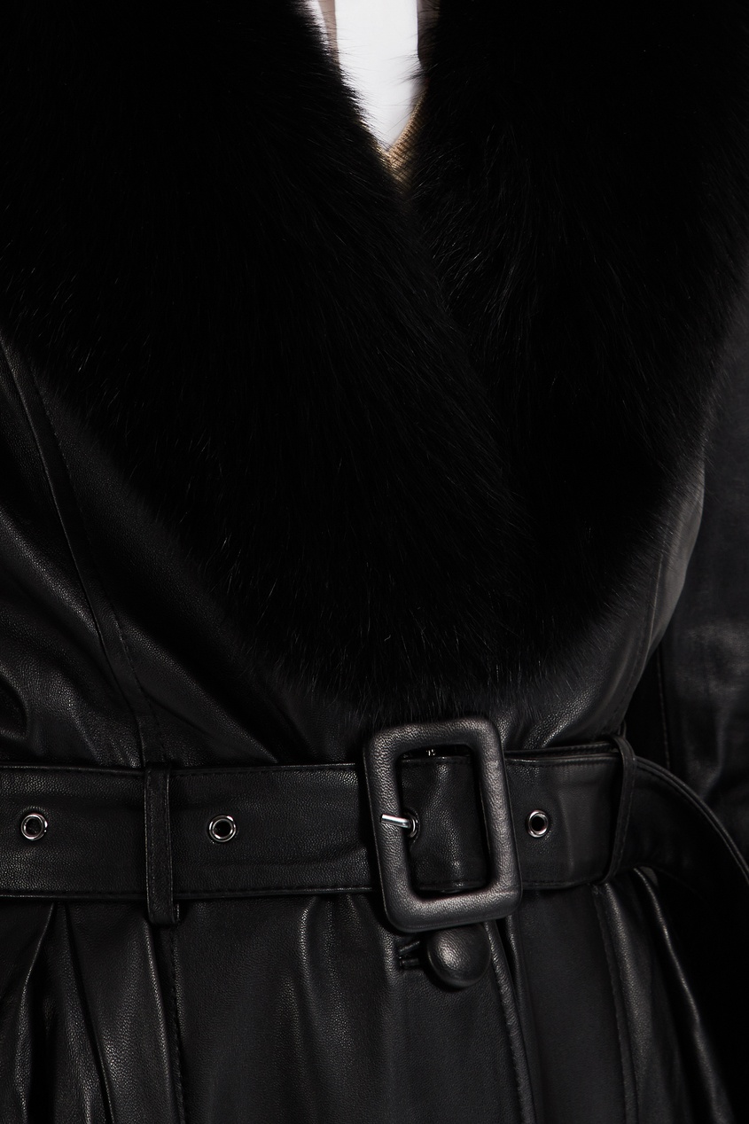 фото Черное кожаное пальто с лисьим мехом Saks potts