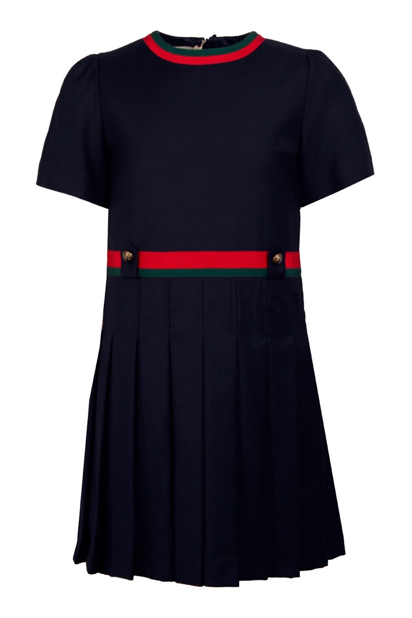 фото Темно-синее платье с контрастным поясом и горловиной gucci