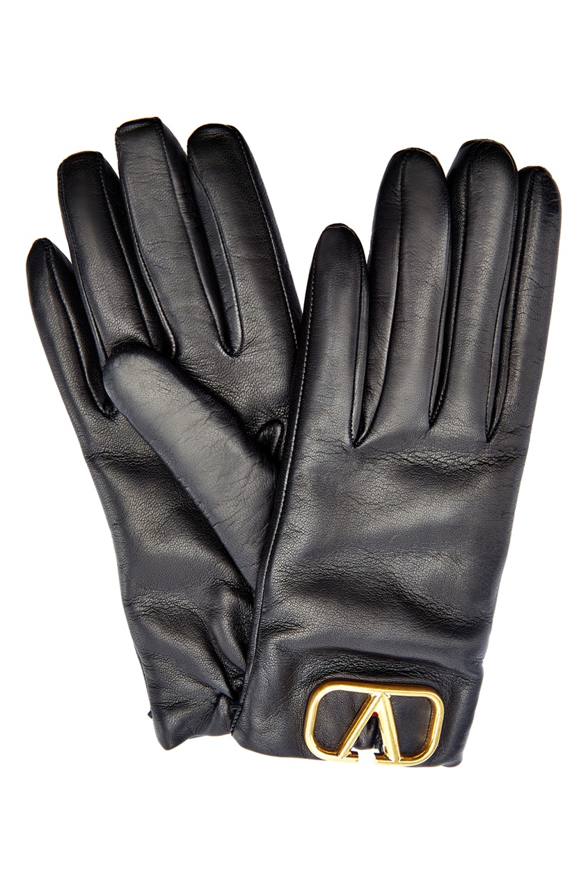 фото Кожаные перчатки с золотистой монограммой Valentino