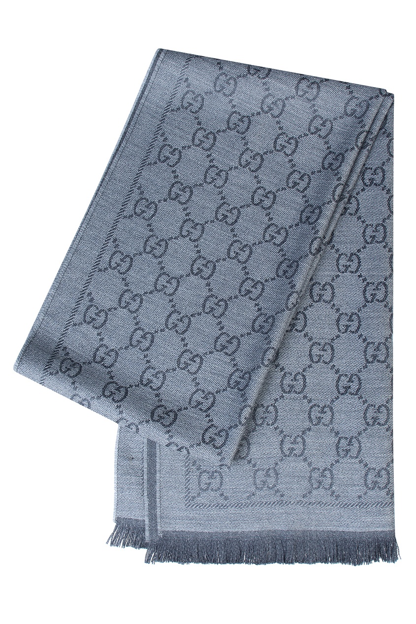 фото Серый шерстяной шарф с монограммой Gucci