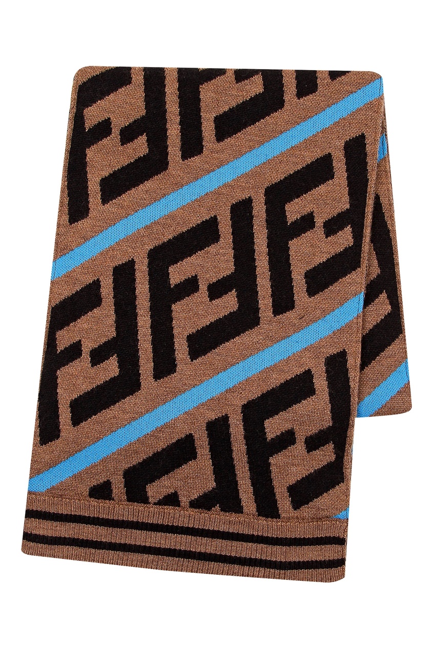 фото Коричневый шарф с логотипами и голубыми полосками Fendi kids