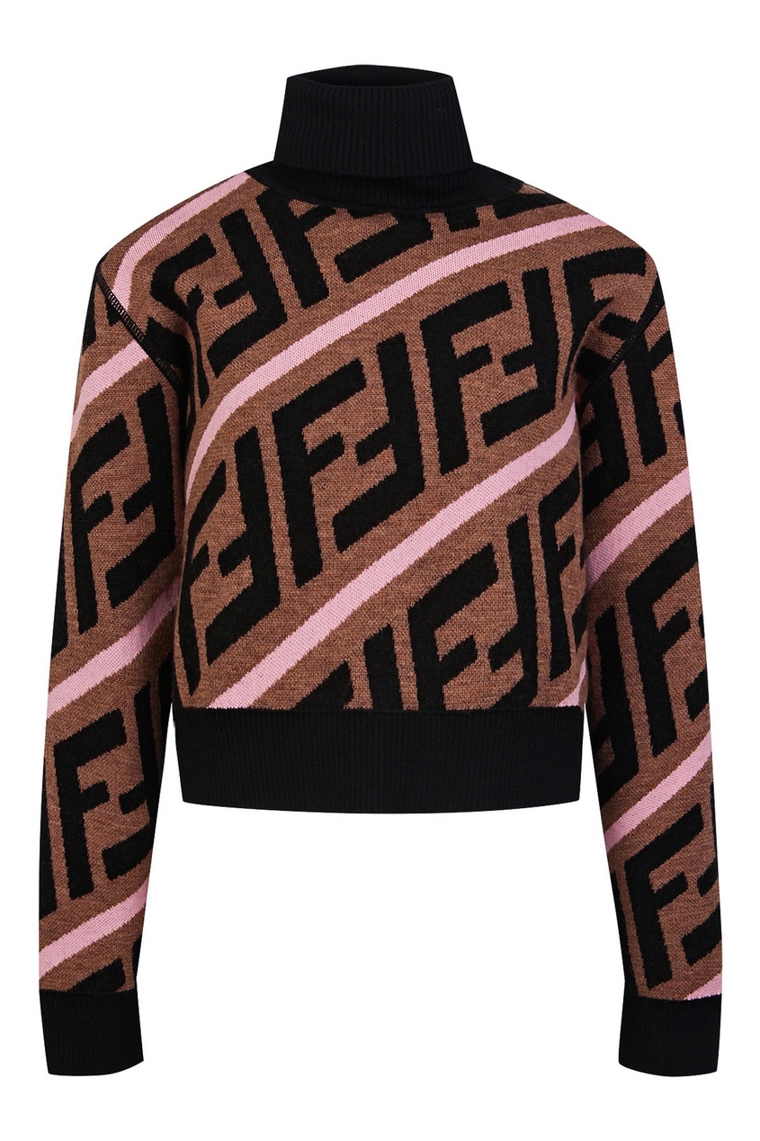 фото Шерстяной свитер кофейного цвета с декором fendi