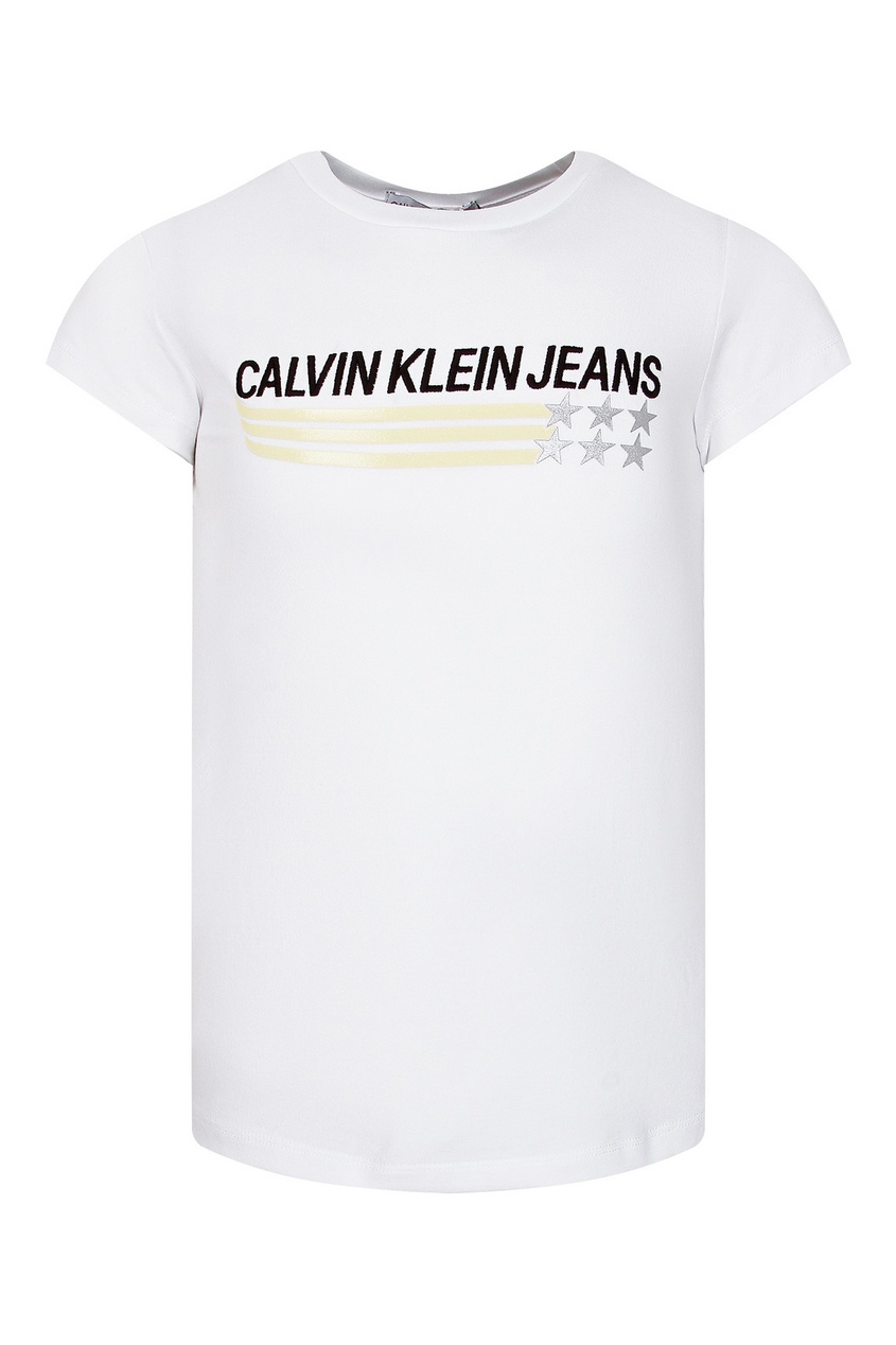фото Белая футболка с рисунком и надписью на груди calvin klein kids