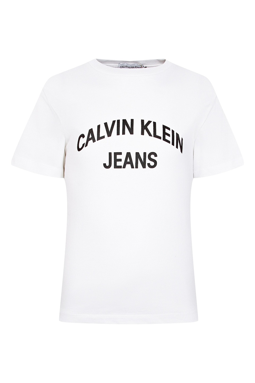 фото Приталенная белая футболка с надписью calvin klein kids