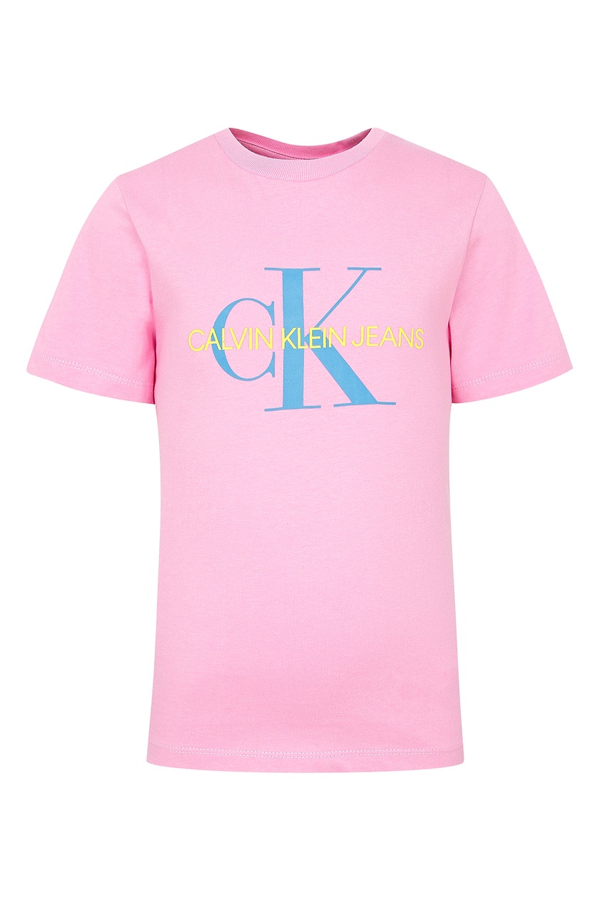 фото Розовая футболка с цветными надписями calvin klein kids