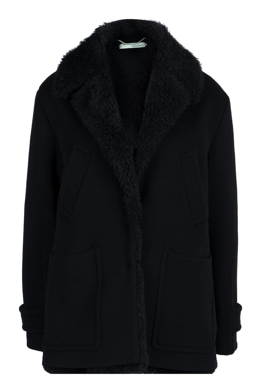 фото Черное пальто с отделкой off-white