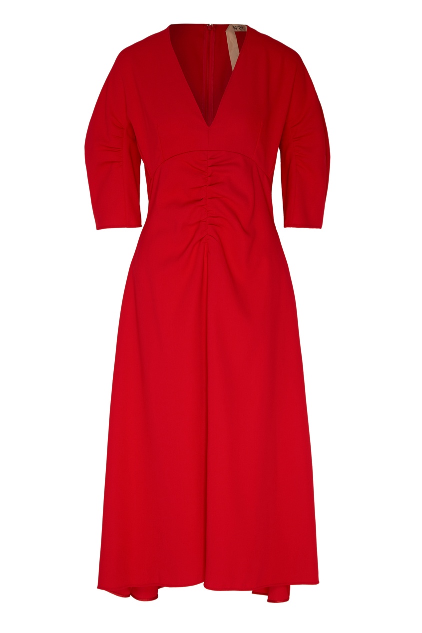 фото Красное платье-миди с V-вырезом и драпировкой No.21