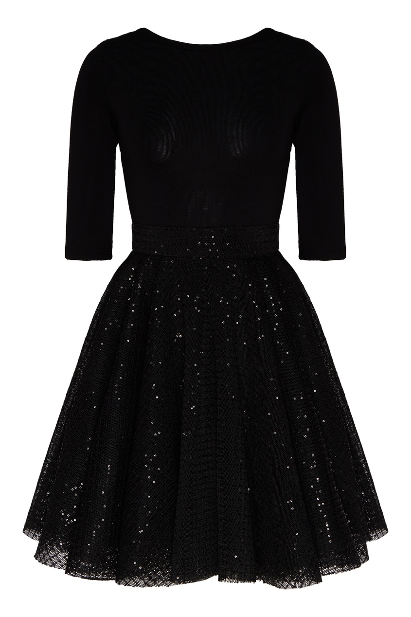 фото Черное мини-платье с кружевным подолом maje