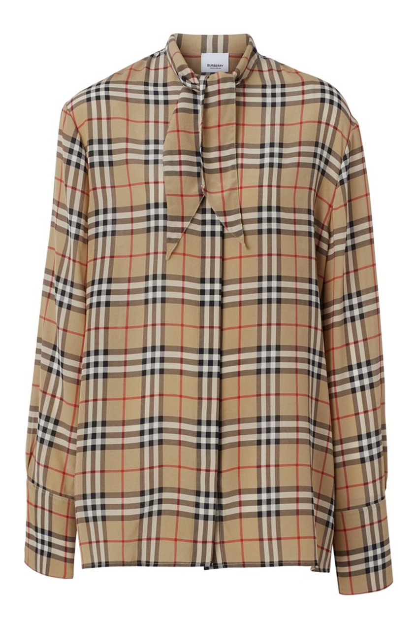 

Бежевая блузка в клетку с галстуком, Бежевый, Бежевая блузка в клетку с галстуком