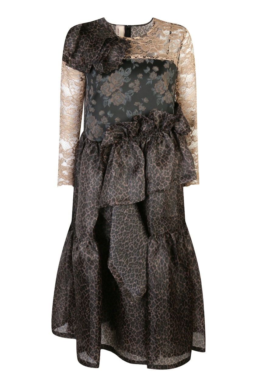 фото Черно-бежевое платье миди с узором и кружевной отделкой antonio marras