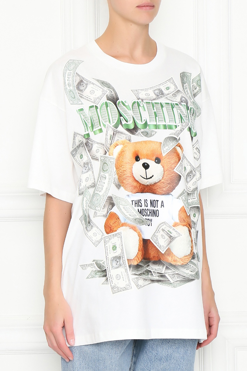 фото Футболка из хлопка с принтом dollar teddy bear moschino