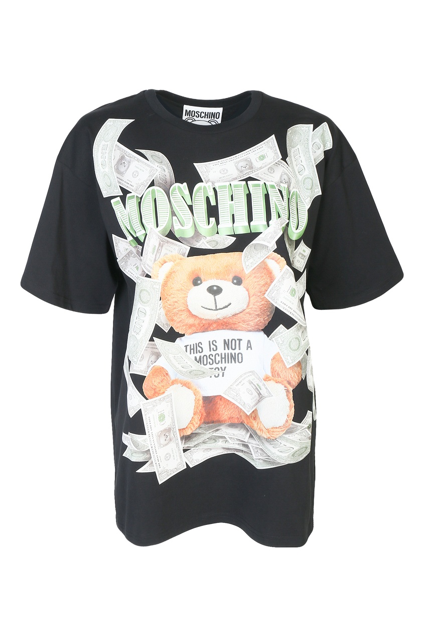 фото Черная футболка с принтом dollar teddy bear moschino