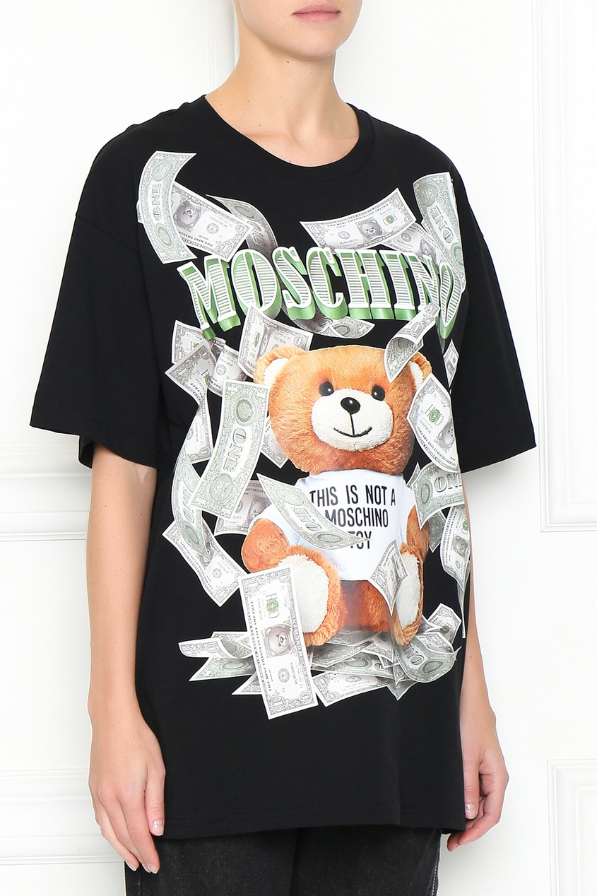 фото Черная футболка с принтом dollar teddy bear moschino