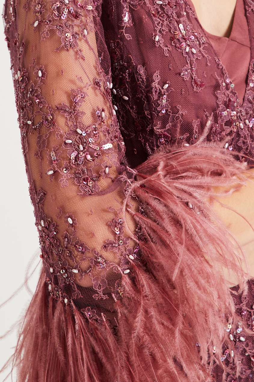 фото Розовое кружевное платье с перьями и пайетками yana dress