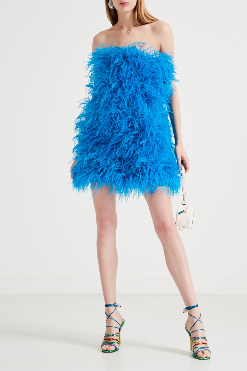 фото Бирюзовое платье мини с перьями страуса attico