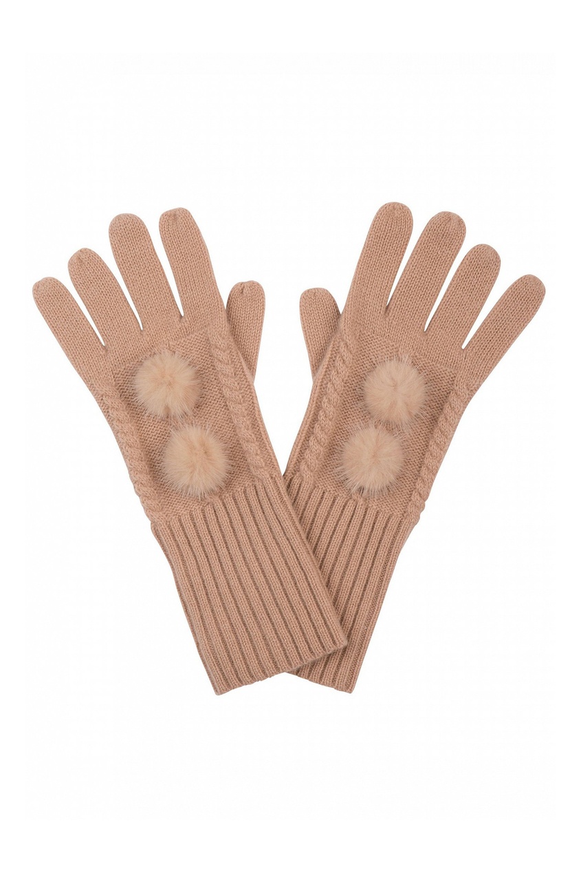 фото Бежевые перчатки, украшенные меховыми помпонами Max & moi