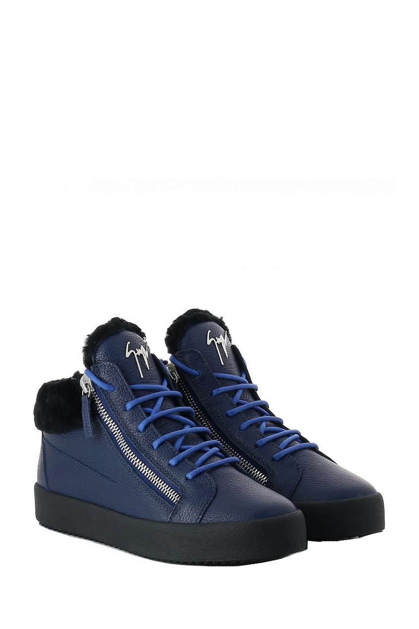 фото Синие утепленные ботинки из кожи и меха giuseppe zanotti design