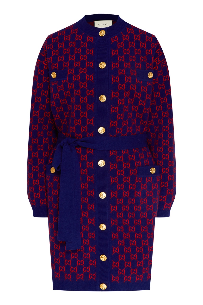 фото Красно-синее вязаное пальто с монограммами gg gucci