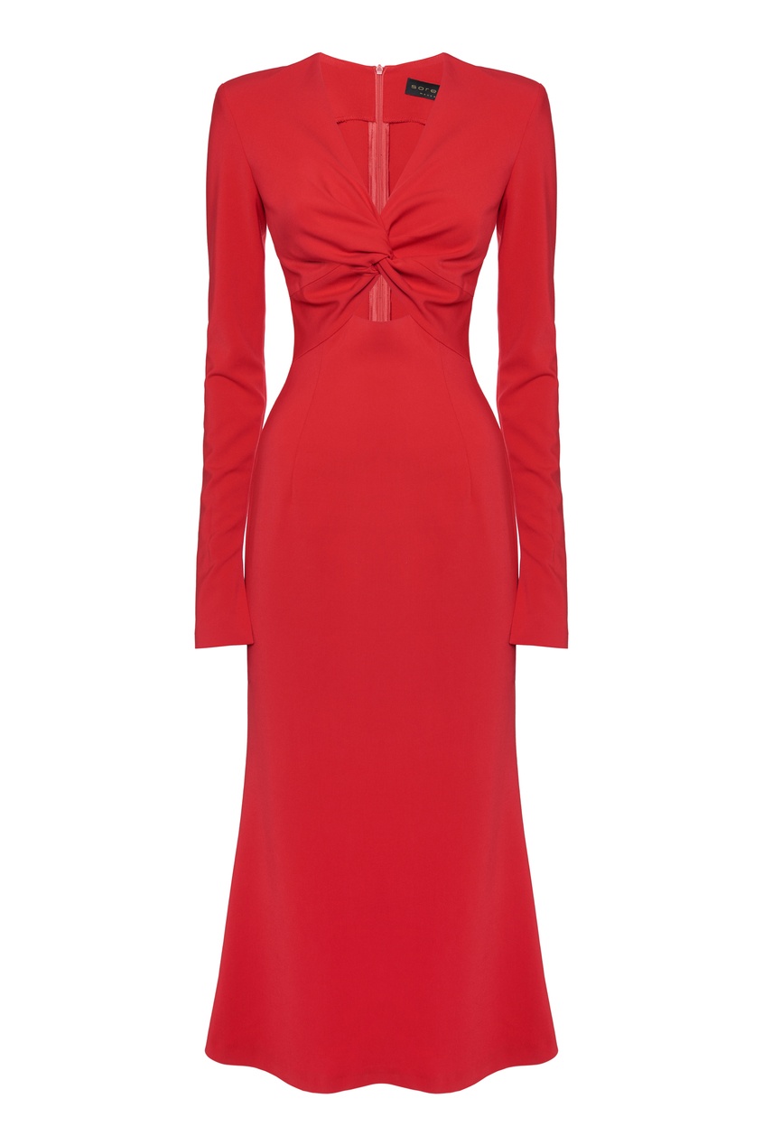фото Красное платье с драпировкой узлом sorelle