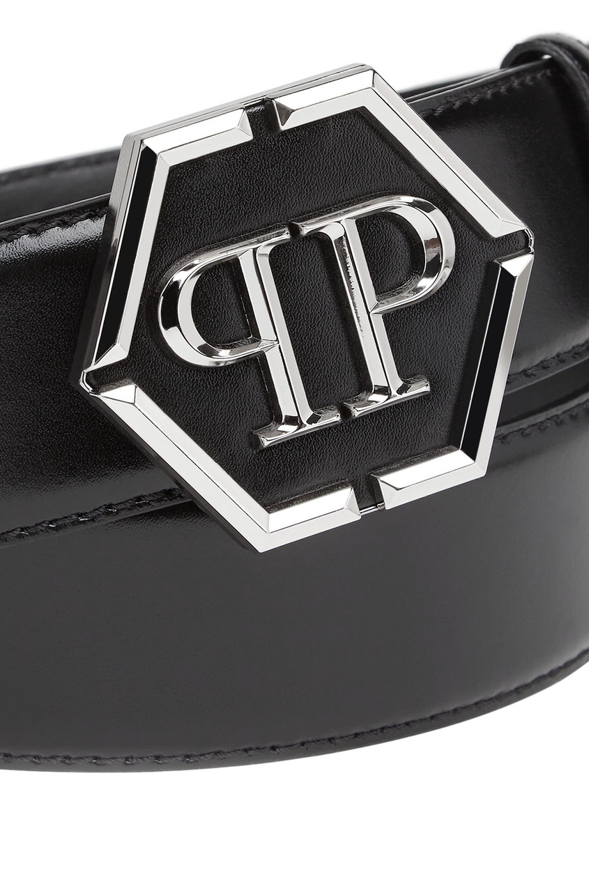 фото Кожаный ремень с серебристым логотипом philipp plein