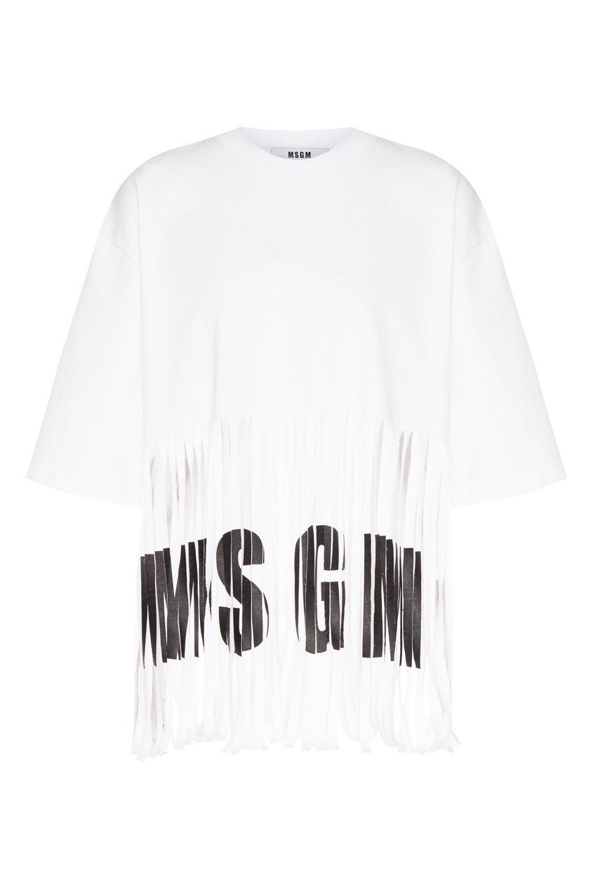 фото Белая футболка с бахромой и логотипом msgm