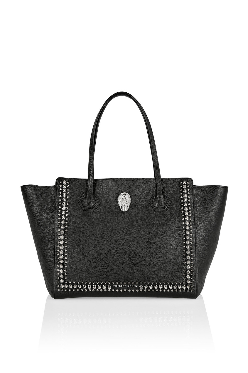 фото Черная кожаная сумка-шоппер с шипами philipp plein